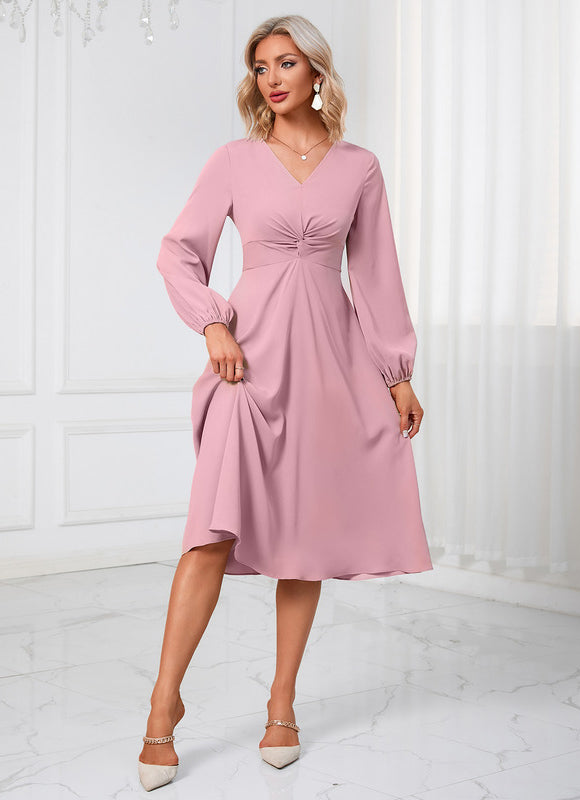 Robe Manche Longue Midi Rose Fluide - gallery 1