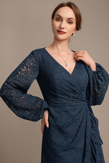 Robe Manche Longue Dentelle Bleu Nuit - gallery 2