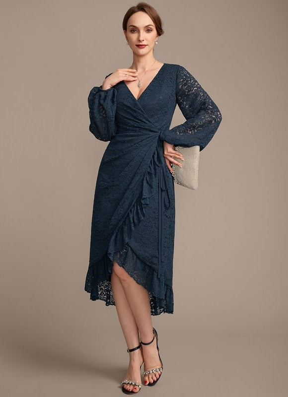 Robe Manche Longue Dentelle Bleu Nuit - gallery 3