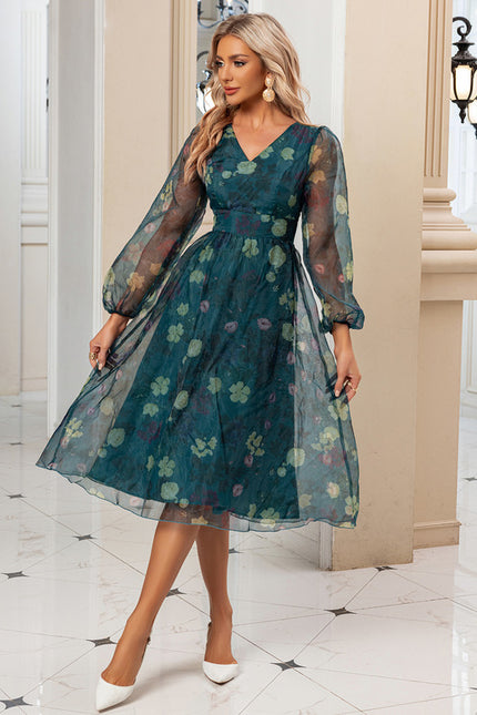 Robe Manche Longue Organza Fleurie Col V - gallery 4