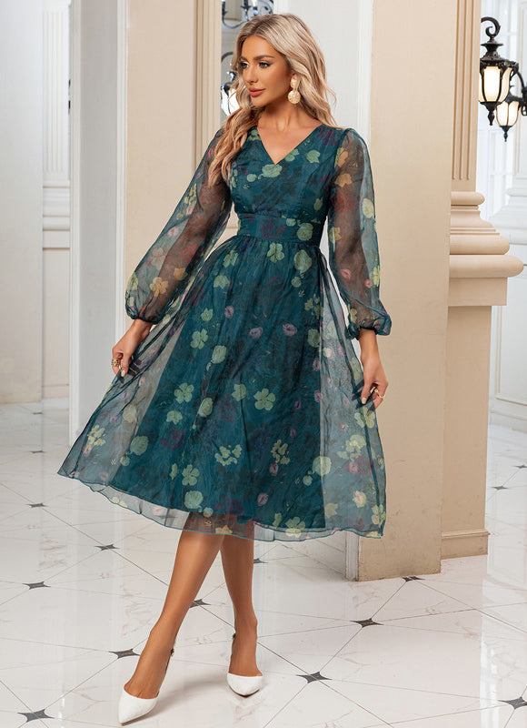 Robe Manche Longue Organza Fleurie Col V - gallery 4