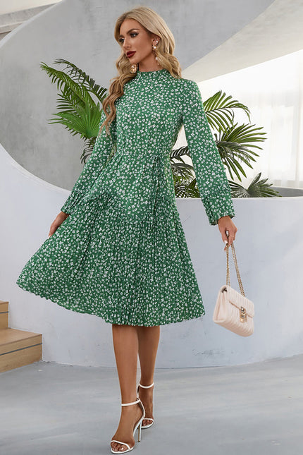 Robe Manche Longue Midi Verte Fleuri - gallery 3