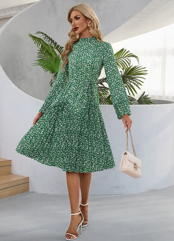 Robe Manche Longue Midi Verte Fleuri - gallery 3