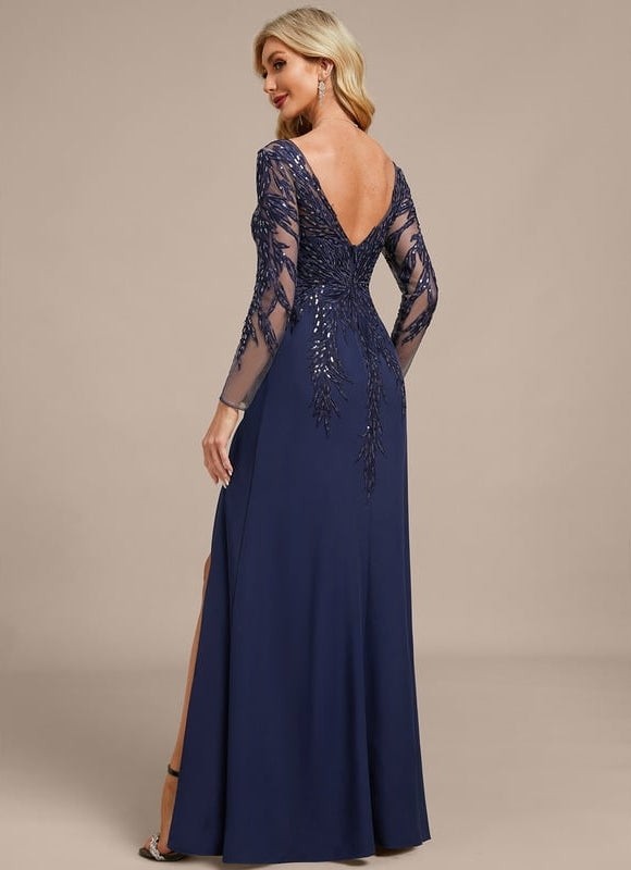 Robe Manche Longue Soirée Bleu Scintillante - gallery 6