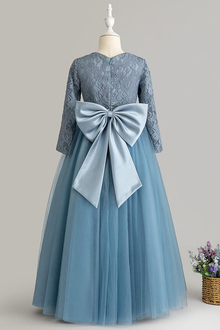 Robe Manche Longue Tulle Bleu Satin - gallery 1