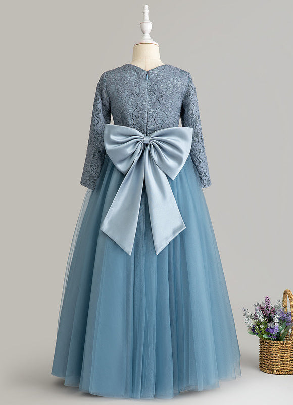 Robe Manche Longue Tulle Bleu Satin - gallery 1