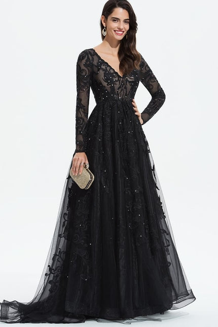 Robe Manche Longue De Bal Noire Élégante - gallery 2