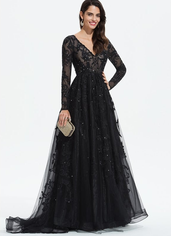 Robe Manche Longue De Bal Noire Élégante - gallery 2