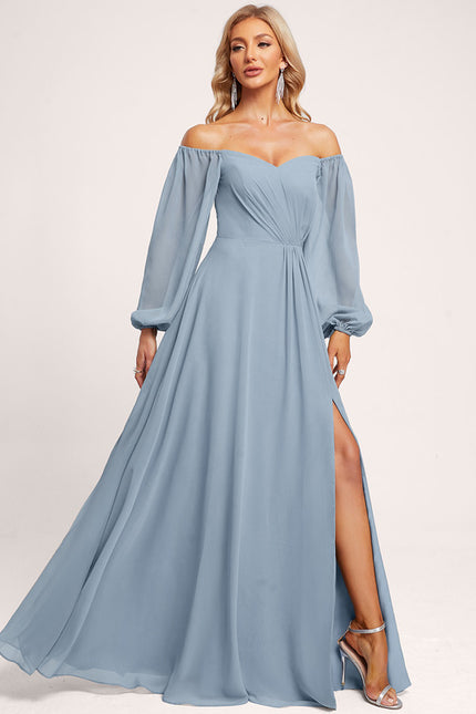 Robe Manche Longue Longue Bleu Satin - gallery 2