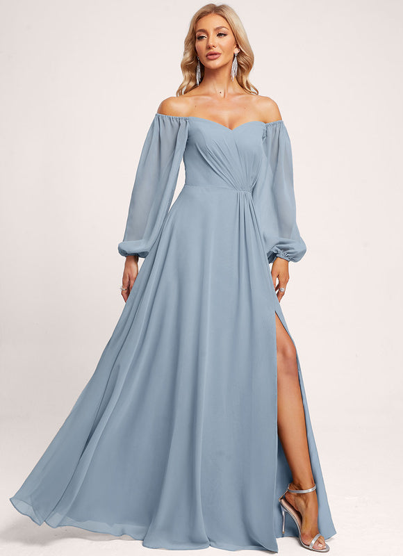 Robe Manche Longue Longue Bleu Satin - gallery 2