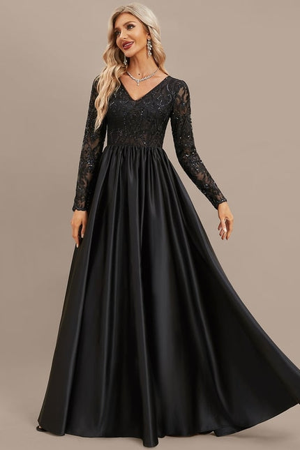 Robe Satin Noir Manche Longue - gallery 4