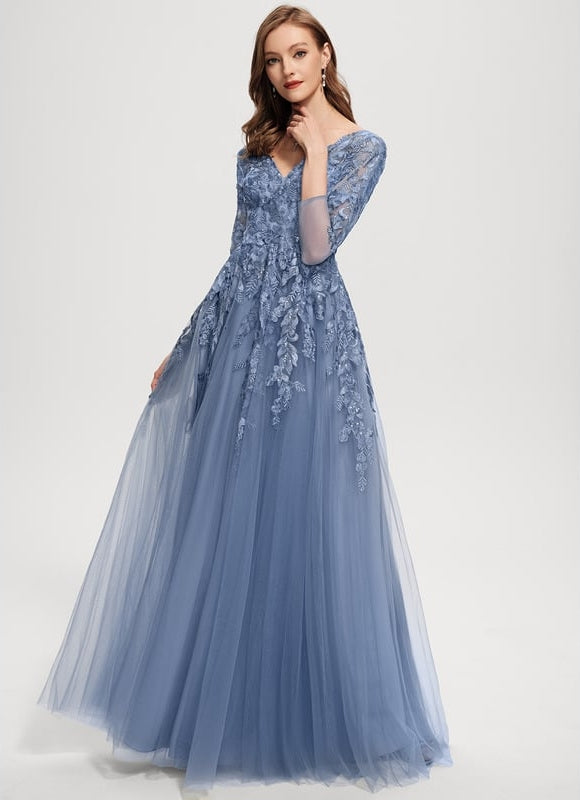 Robe Manche Longue Tulle Bleue Élégante - gallery 2