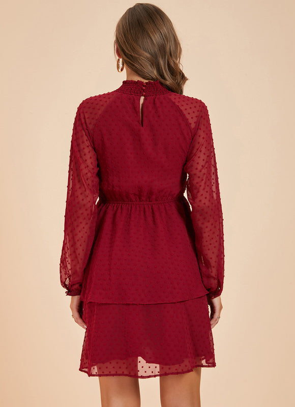 Robe Manche Longue Courte Volants Bordeaux - gallery 1