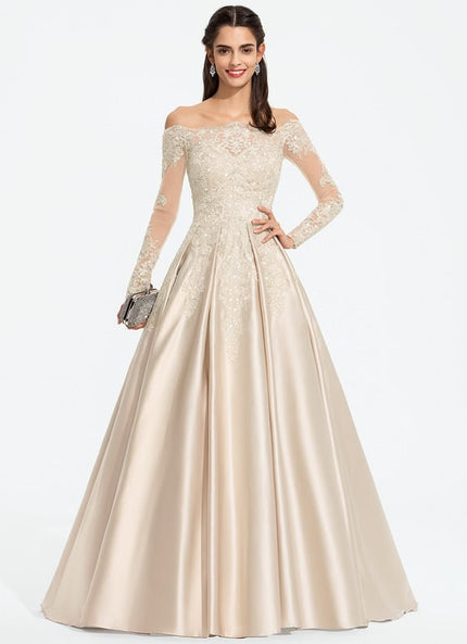 Robe Satin Beige Manche Longue