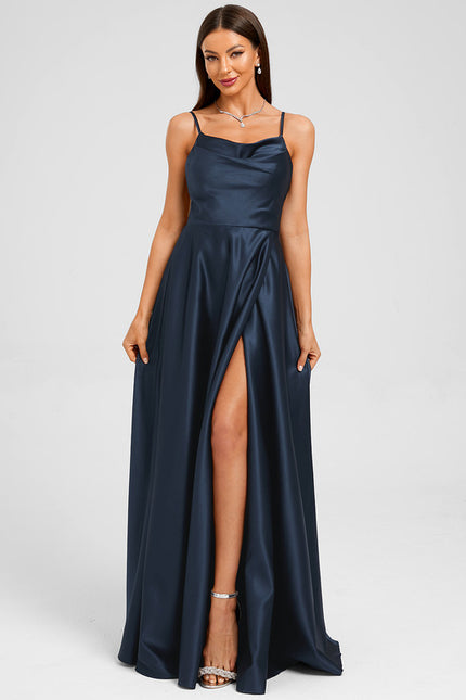 Robe Manche Longue Satin Marine - gallery 2