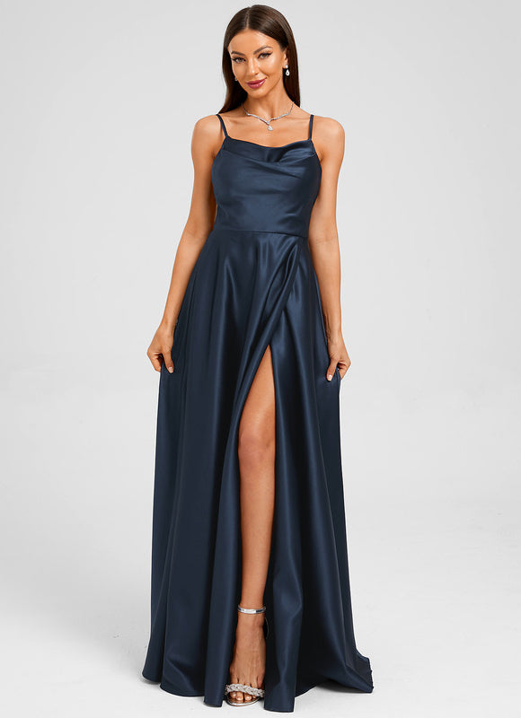 Robe Manche Longue Satin Marine - gallery 2