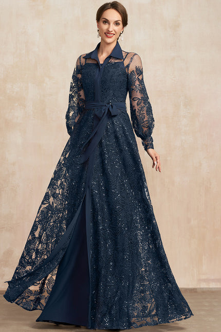 Robe Manche Longue En Dentelle Marine
