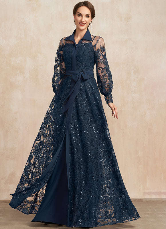 Robe Manche Longue En Dentelle Marine