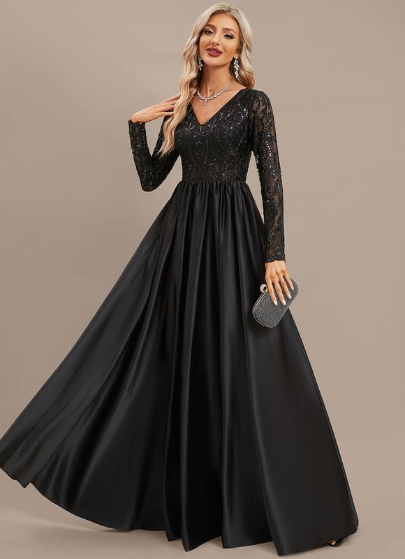 Robe Satin Noir Manche Longue - gallery 2