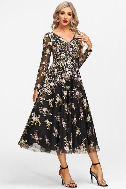 Robe Manche Longue Florale Noire Vaporeuse - gallery 4