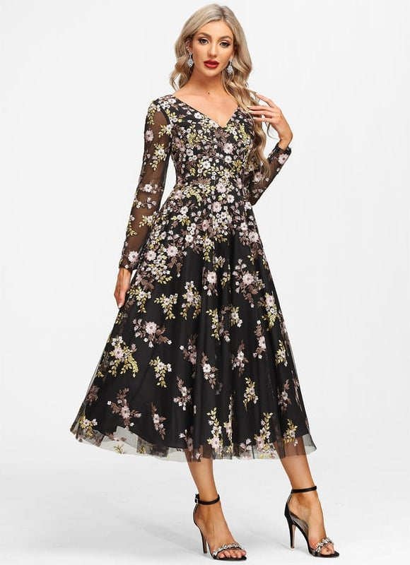 Robe Manche Longue Florale Noire Vaporeuse - gallery 4
