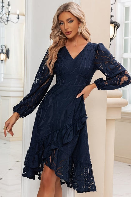 Robe Manche Longue Midi Dentelle Marine