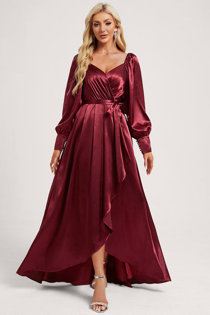 Robe Manche Longue Satin Volants Bordeaux - gallery 1