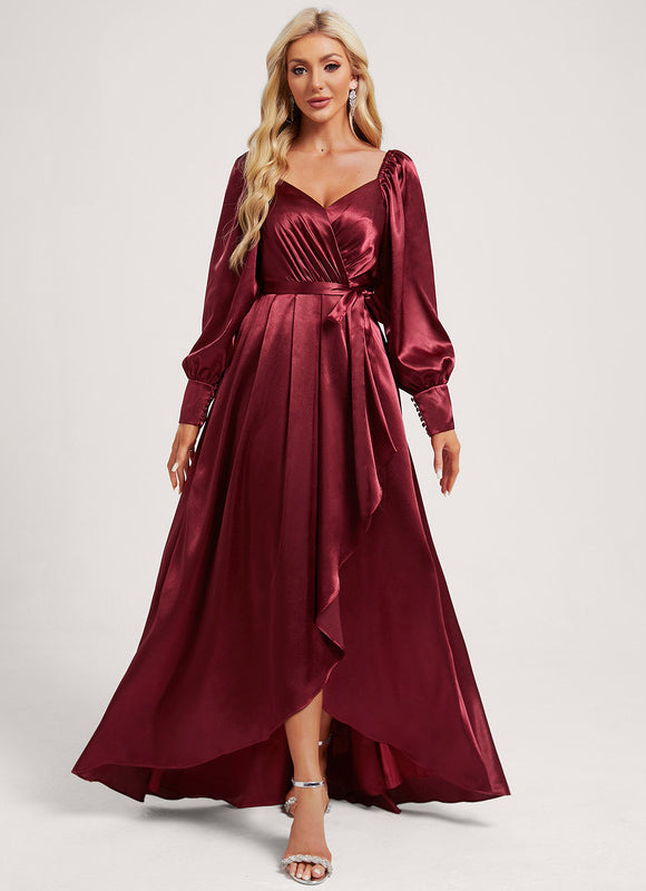 Robe Manche Longue Satin Volants Bordeaux - gallery 1