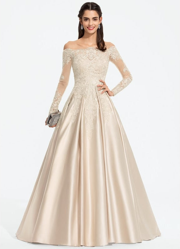 Robe Satin Beige Manche Longue - gallery 1