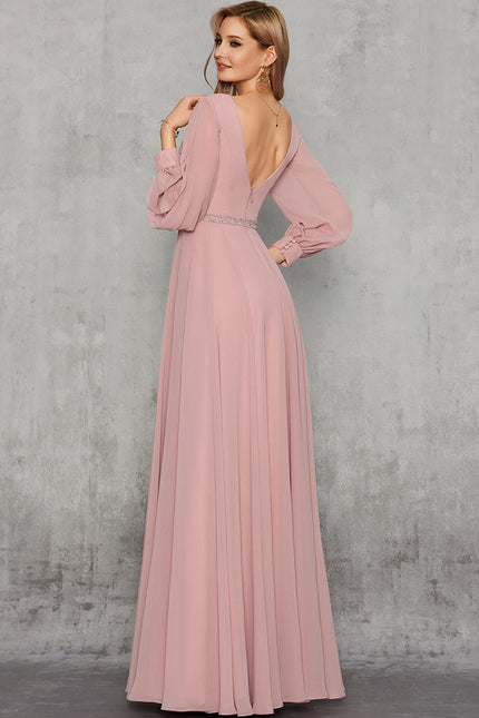 Robe Manche Longue Mousseline Rose Élégante - gallery 4