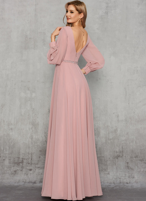 Robe Manche Longue Mousseline Rose Élégante - gallery 4