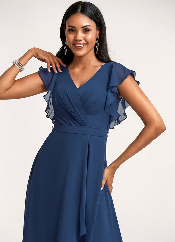 Robe Manche Longue Fluide Marine Volants - gallery 1