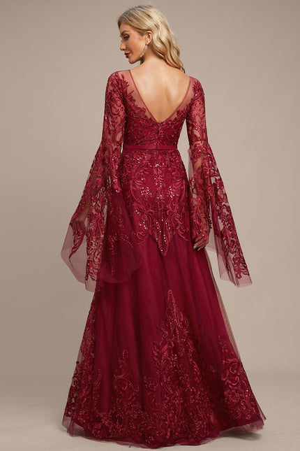Robe De Soirée Bordeaux Manche Longue - gallery 3