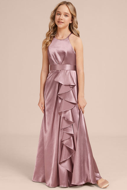 Robe Manche Longue Satin Mauve Volants