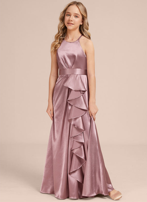 Robe Manche Longue Satin Mauve Volants