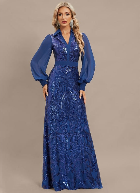 Robe Manche Longue Bleu Scintillante - gallery 6