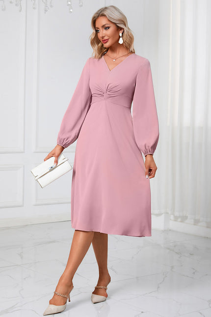 Robe Manche Longue Midi Rose Fluide - gallery 4
