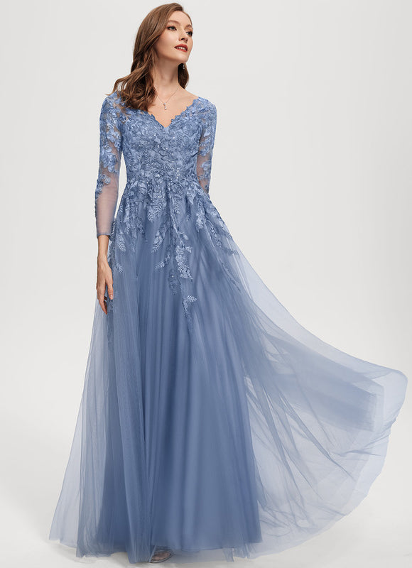 Robe Manche Longue Tulle Bleue Élégante