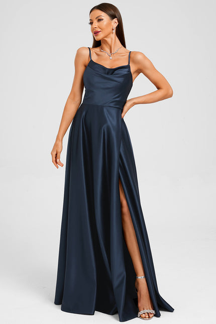 Robe Manche Longue Satin Marine