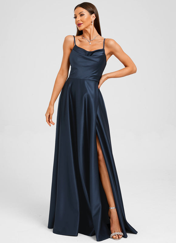 Robe Manche Longue Satin Marine