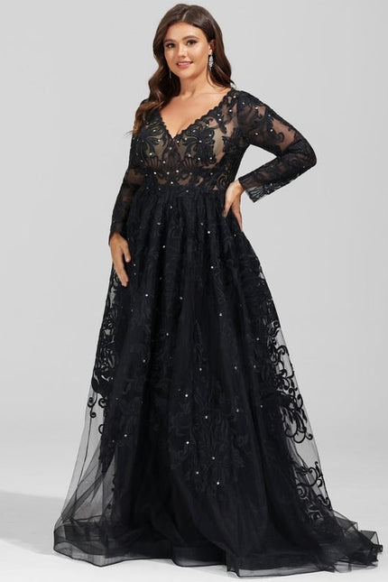 Robe Manche Longue De Bal Noire Élégante - gallery 6
