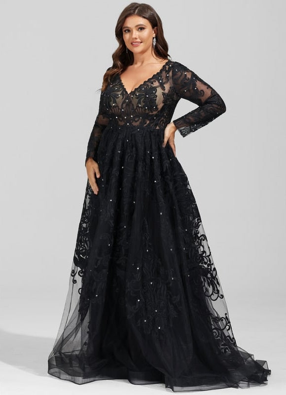 Robe Manche Longue De Bal Noire Élégante - gallery 6