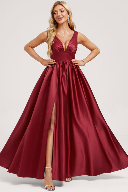 Robe Manche Longue Satin Bordeaux Fendue