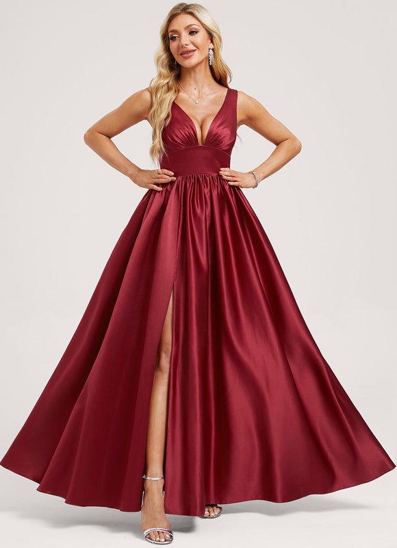 Robe Manche Longue Satin Bordeaux Fendue