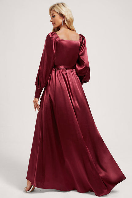 Robe Manche Longue Satin Volants Bordeaux - gallery 4