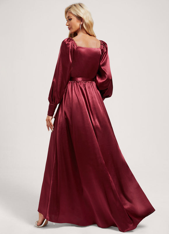 Robe Manche Longue Satin Volants Bordeaux - gallery 4