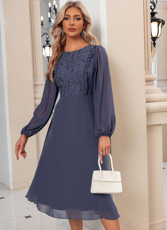 Robe Manche Longue Midi Lavande Élégante - gallery 1