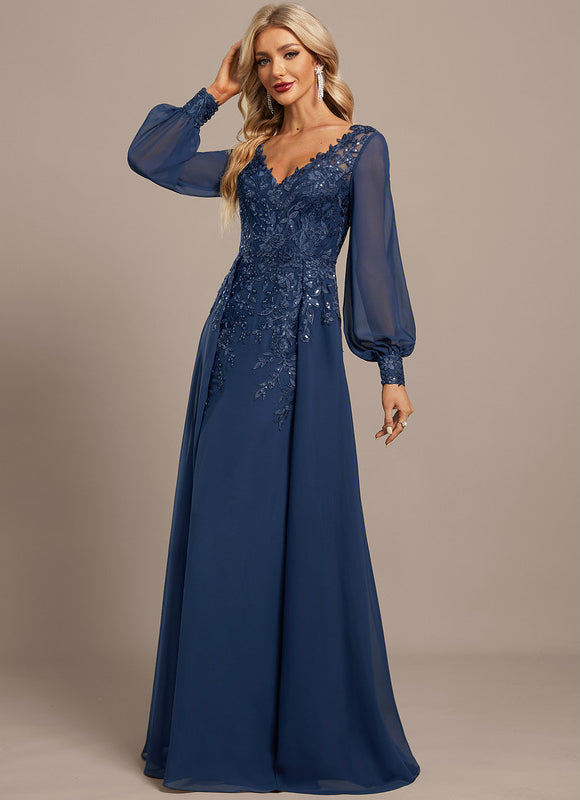 Robe Manche Longue Élégante Bleu Nuit - gallery 3