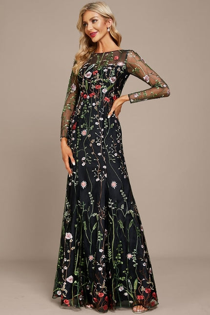 Robe Manche Longue Florale Noire - gallery 2