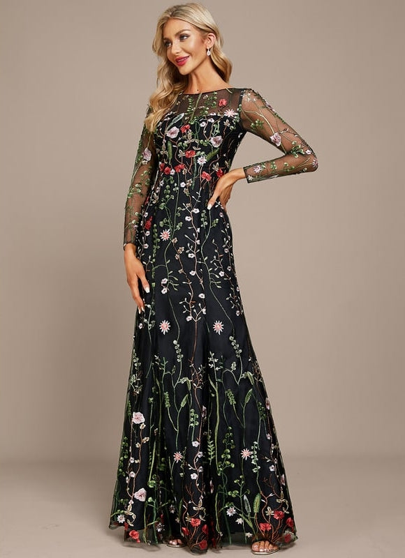 Robe Manche Longue Florale Noire - gallery 2